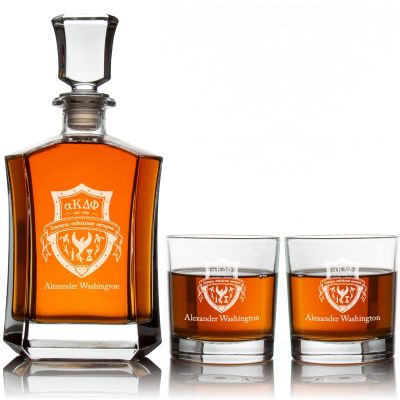 Custom Engraved Alpha Kappa Delta Phi - Personalized Crown Decanter Set with Whiskey Glasses - Coat of Arms