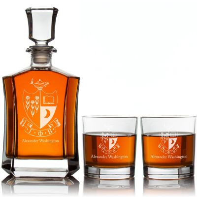 Custom Engraved Gamma Phi Beta - Personalized Crown Decanter Set with Whiskey Glasses - Coat of Arms