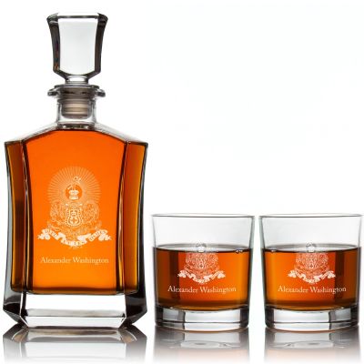 Custom Engraved Kappa Alpha - Personalized Crown Decanter Set with Whiskey Glasses - Coat of Arms