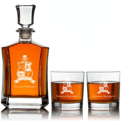 Custom Engraved Phi Kappa Sigma - Personalized Crown Decanter Set with Whiskey Glasses - Coat of Arms