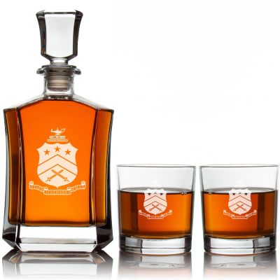 Custom Engraved Pi Kappa Phi - Personalized Crown Decanter Set with Whiskey Glasses - Coat of Arms