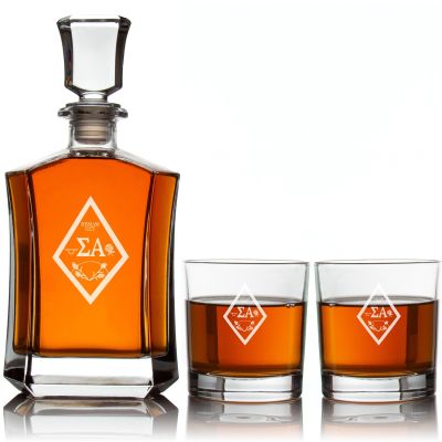 Custom Engraved Sigma Alpha - Personalized Crown Decanter Set with Whiskey Glasses - Coat of Arms