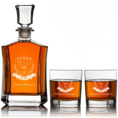 Custom Engraved Sigma Lambda Gamma - Personalized Crown Decanter Set with Whiskey Glasses - Coat of Arms