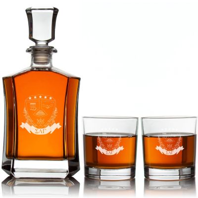 Custom Engraved Sigma Lambda Gamma - Personalized Crown Decanter Set with Whiskey Glasses - Coat of Arms