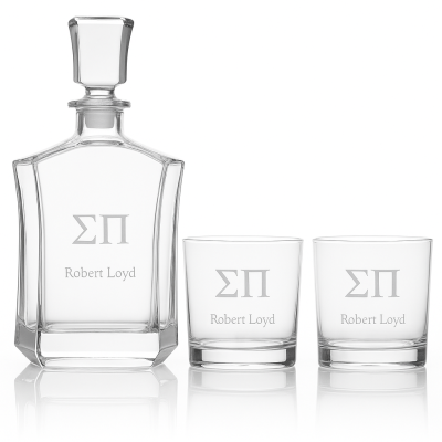 Custom Engraved Sigma Pi - Personalized Crown Decanter Set with Whiskey Glasses