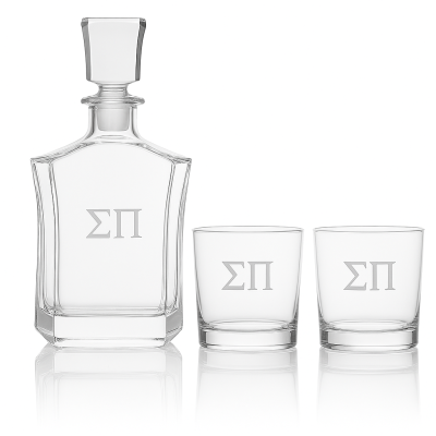 Custom Engraved Sigma Pi - Personalized Crown Decanter Set with Whiskey Glasses