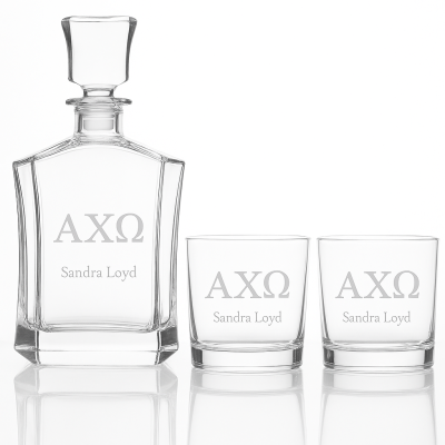 Custom Engraved Alpha Chi Omega - Personalized Crown Decanter Set with Whiskey Glasses