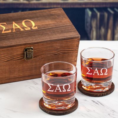 Custom Engraved Sigma Alpha Omega - Personalized Whiskey Glasses In Wood Gift Box