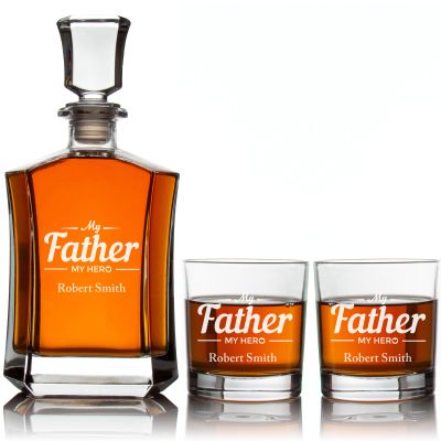 Custom Engraved My Father My Hero - Personalized Crown Decanter Set with Whiskey Glasses