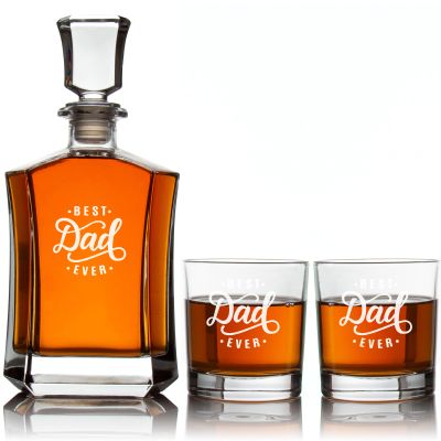 Custom Engraved Best Dad Ever - Personalized Crown Decanter Set with Whiskey Glasses