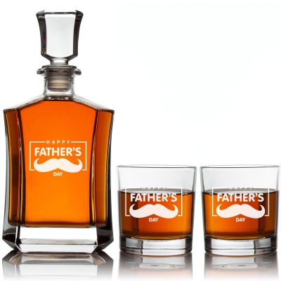 Custom Engraved Frame Happy Fathers Day Mustache - Personalized Crown Decanter Set with Whiskey Glasses