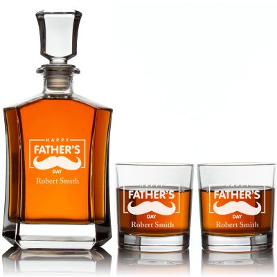 Custom Engraved Frame Happy Fathers Day Mustache - Personalized Crown Decanter Set with Whiskey Glasses