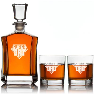 Custom Engraved Super Dad - Personalized Crown Decanter Set with Whiskey Glasses