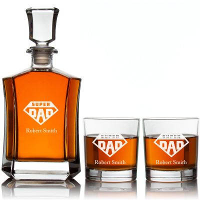 Custom Engraved Super Dad Emblem - Personalized Crown Decanter Set with Whiskey Glasses