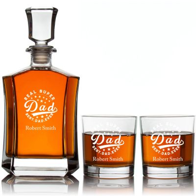 Custom Engraved Real Super Dad Best Dad Ever - Personalized Crown Decanter Set with Whiskey Glasses