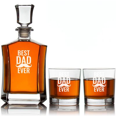 Custom Engraved Best Dad Ever Mustache - Personalized Crown Decanter Set with Whiskey Glasses
