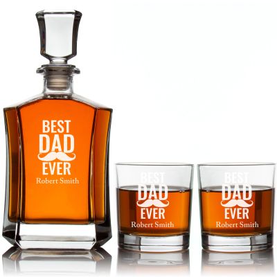 Custom Engraved Best Dad Ever Mustache - Personalized Crown Decanter Set with Whiskey Glasses