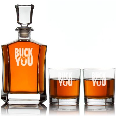 Engraved Buck You - Personalized Crown Decanter Set with Whiskey Glasses