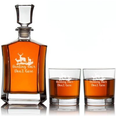 Engraved Hunting Hair I Dont Care - Personalized Crown Decanter Set with Whiskey Glasses