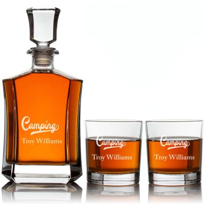 Engraved Fancy Font Camping - Personalized Crown Decanter Set with Whiskey Glasses