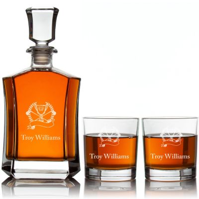 Custom Engraved Golfing Trophy Award - Personalized Crown Decanter Set with Whiskey Glasses