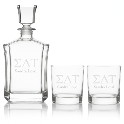 Custom Engraved Sigma Delta Tau - Personalized Crown Decanter Set with Whiskey Glasses