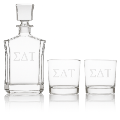 Custom Engraved Sigma Delta Tau - Personalized Crown Decanter Set with Whiskey Glasses