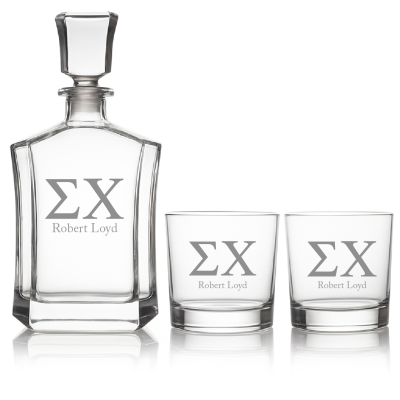 Custom Engraved Sigma Chi - Personalized Crown Decanter Set with Whiskey Glasses