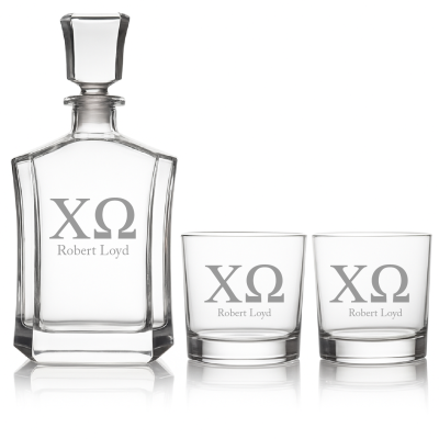 Custom Engraved Chi Omega - Personalized Crown Decanter Set with Whiskey Glasses