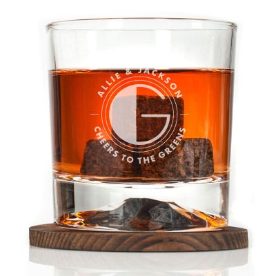 Custom Engraved Deco Initial Stamp - Personalized Whiskey Glasses In Wood Gift Box