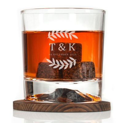 Custom Engraved Laurel Leaf Large Type Initials - Personalized Whiskey Glasses In Wood Gift Box