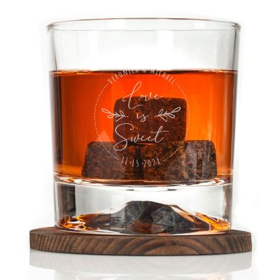 Custom Engraved Love is Sweet Circle Stamp - Personalized Whiskey Glasses In Wood Gift Box