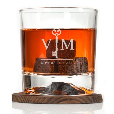 Custom Engraved Key Initials - Personalized Whiskey Glasses In Wood Gift Box