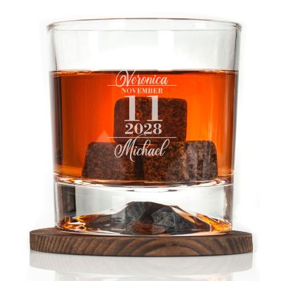 Custom Engraved Stacked Date Written Names - Personalized Whiskey Glasses In Wood Gift Box