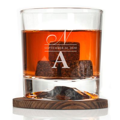 Custom Engraved Script & Print Initials - Personalized Whiskey Glasses In Wood Gift Box