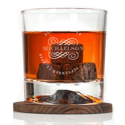 Custom Engraved Split Flourish Symbol - Personalized Whiskey Glasses In Wood Gift Box