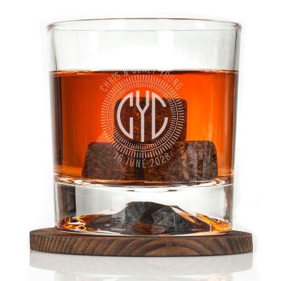 Custom Engraved Lined Monogram Initials Circle Stamp - Personalized Whiskey Glasses In Wood Gift Box
