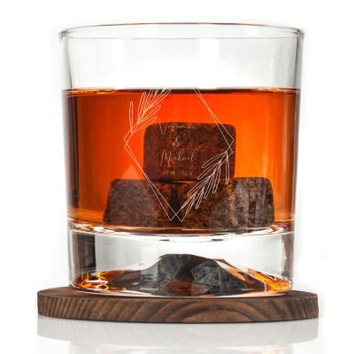 Custom Engraved Diamond with Leaves - Personalized Whiskey Glasses In Wood Gift Box