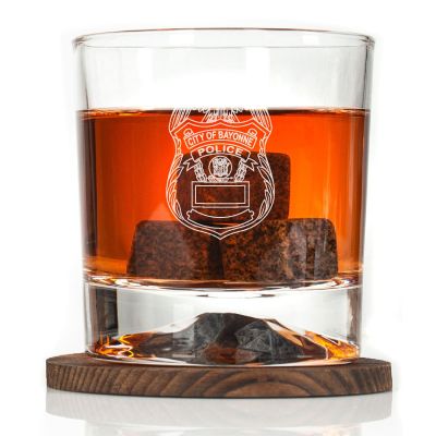 Custom Engraved - Police Badges - Personalized Whiskey Glasses In Wood Gift Box-City of Bayonne NJ Police Badge