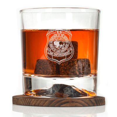 Custom Engraved - Police Badges - Personalized Whiskey Glasses In Wood Gift Box - Dept of Interior Bureau of Land Management Badge