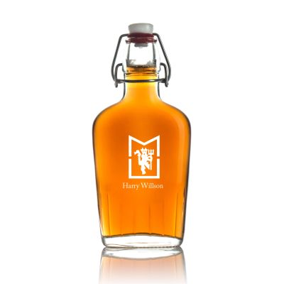 Engraved Manchester United MU Logo - Personalized Bormioli Rocco Glass Swing Top Pocket Flask