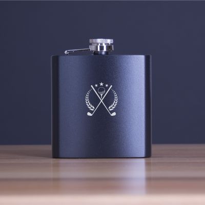 Custom Engraved Golf Motif - Personalized 6oz Matte Black Powder Coated Stainless Steel Flask