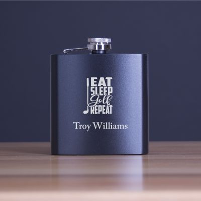 Custom Engraved Golf Eat Sleep Golf Repeat - Personalized 6oz Matte Black Powder Coated Stainless Steel Flask
