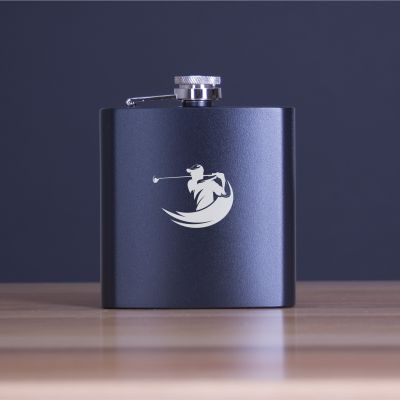 Custom Engraved Golfer Swing - Personalized 6oz Matte Black Powder Coated Stainless Steel Flask