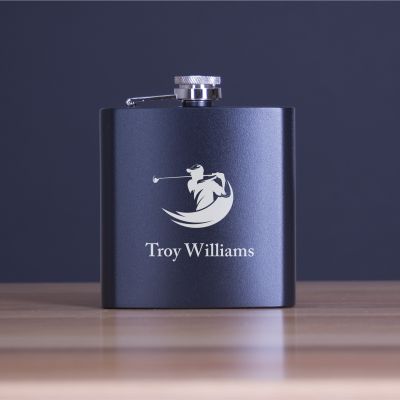 Custom Engraved Golfer Swing - Personalized 6oz Matte Black Powder Coated Stainless Steel Flask