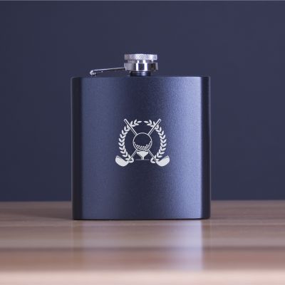 Custom Engraved Golf Emblem with Clubs - Personalized 6oz Matte Black Powder Coated Stainless Steel Flask