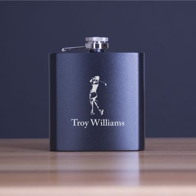 Custom Engraved Golf Swing - Personalized 6oz Matte Black Powder Coated Stainless Steel Flask