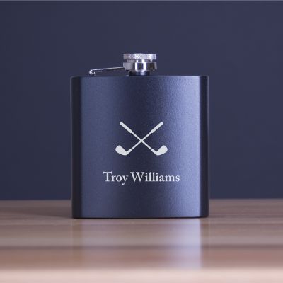 Custom Engraved Golfing Clubs Forming Cross Bones - Personalized 6oz Matte Black Powder Coated Stainless Steel Flask