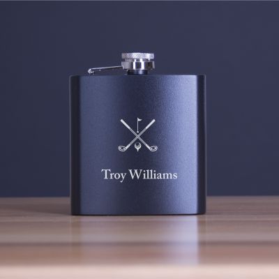 Custom Engraved Golf Clubs Flag and Ball - Personalized 6oz Matte Black Powder Coated Stainless Steel Flask