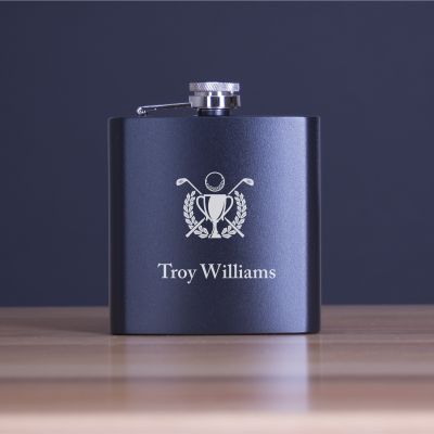 Custom Engraved Golf Clubs Ball Leave Emblem - Personalized 6oz Matte Black Powder Coated Stainless Steel Flask